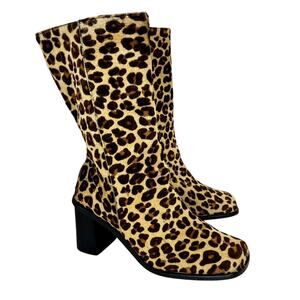 Bruno Valenti Vintage Leopard Print Calf Hair Ankle Boot Block Heel Square Toe 8